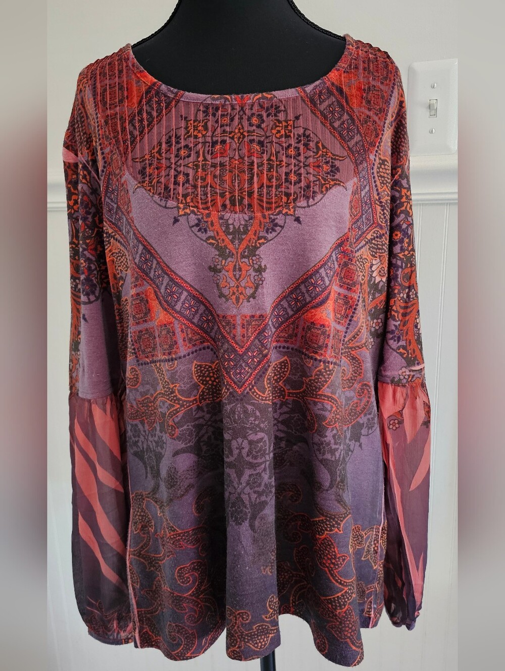 Boho Mendala Printed Long Sleeve Tunic - Purple & Rust XL